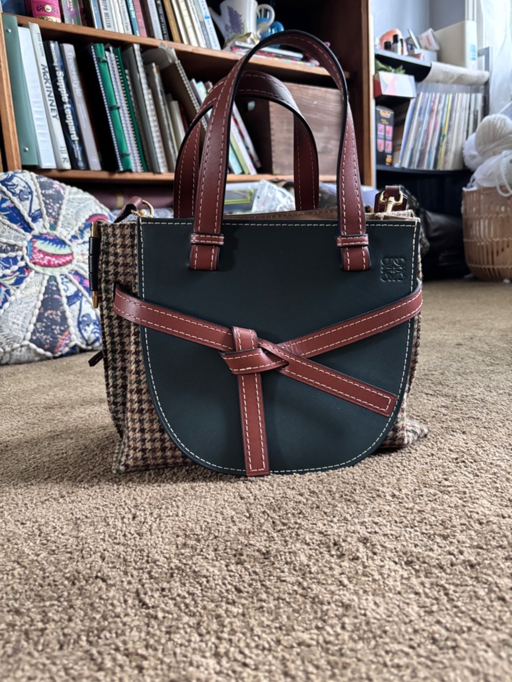 Loewe Gate Tote Leather and Tweed Mini Brown, Green